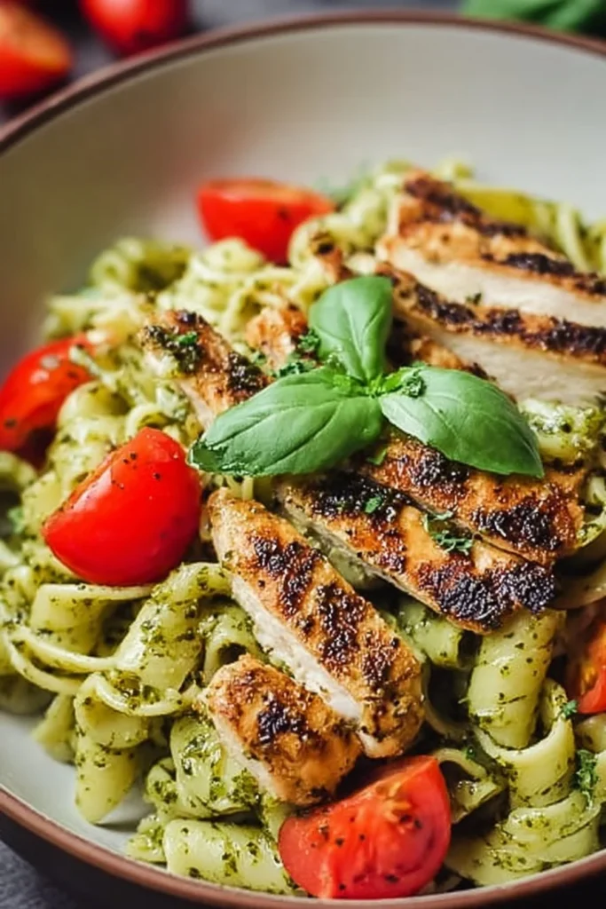 Pesto pasta with grilled chicken served on a plate