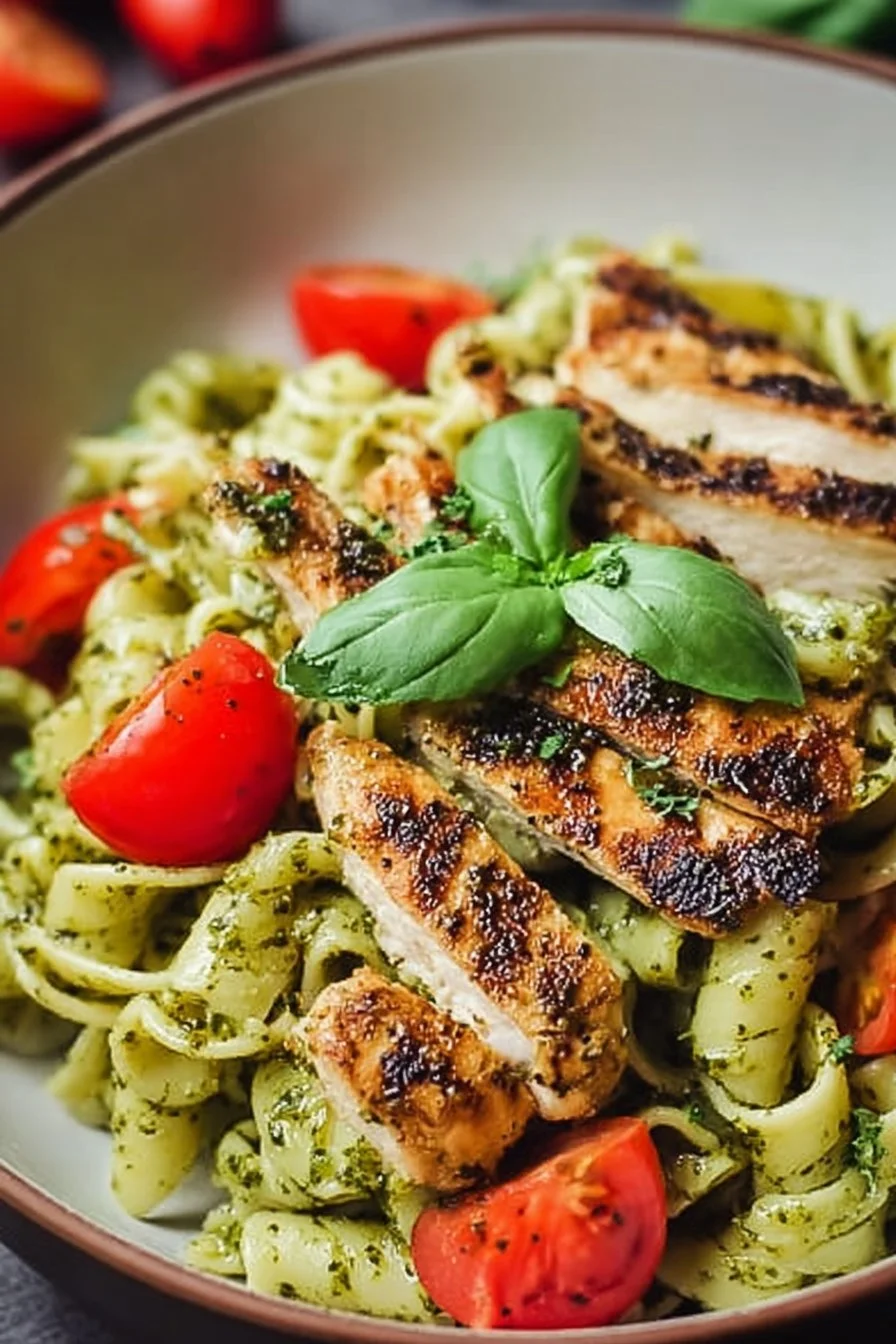Pesto pasta with grilled chicken served on a plate