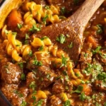 Delicious beef casserole served with pasta in a one pot meal