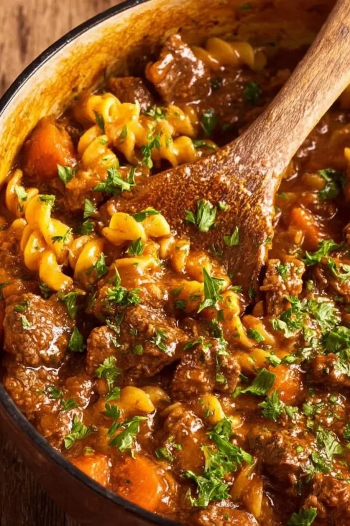 Delicious beef casserole served with pasta in a one pot meal