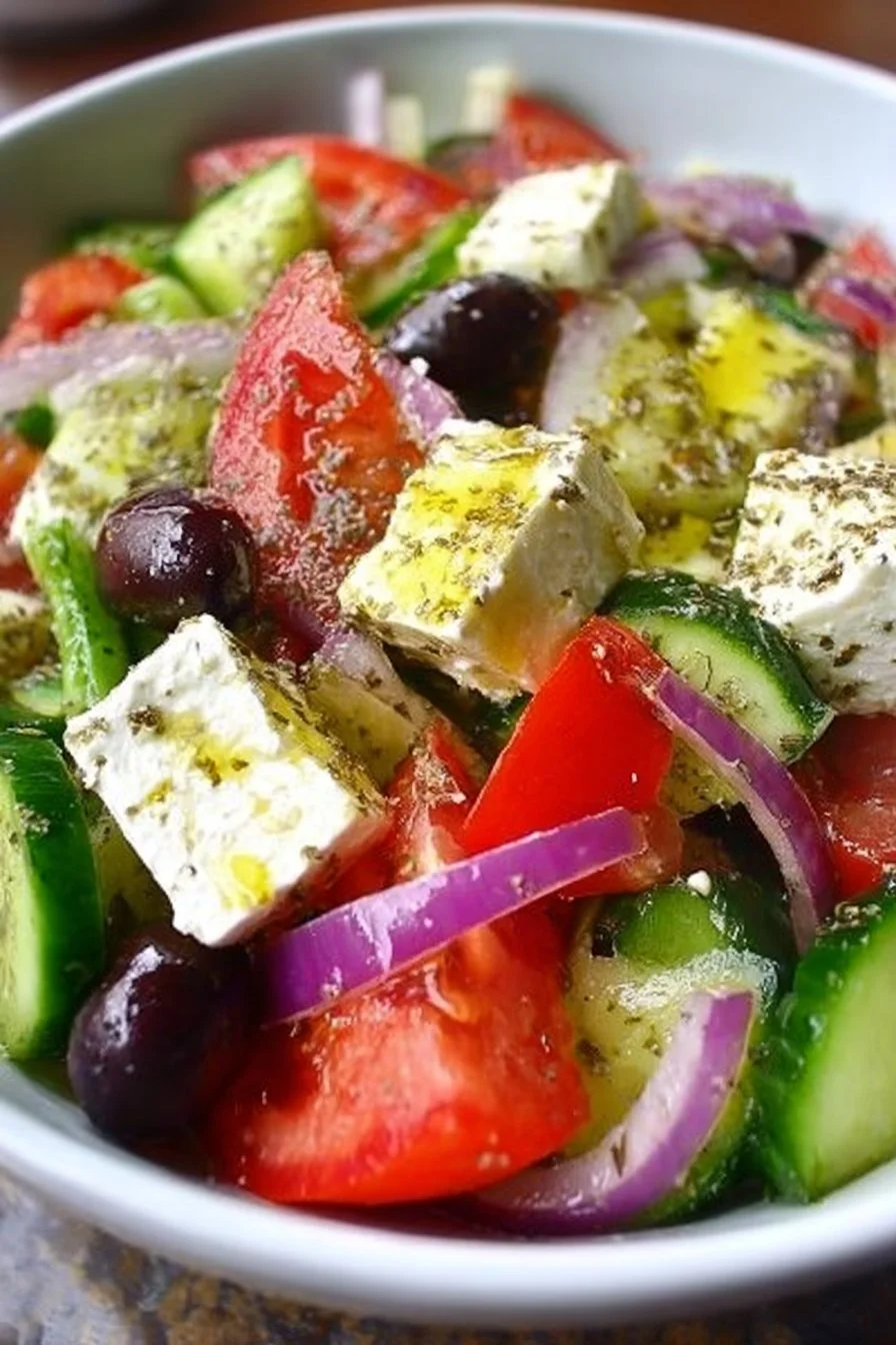 Colorful Greek salad with fresh ingredients and homemade dressing