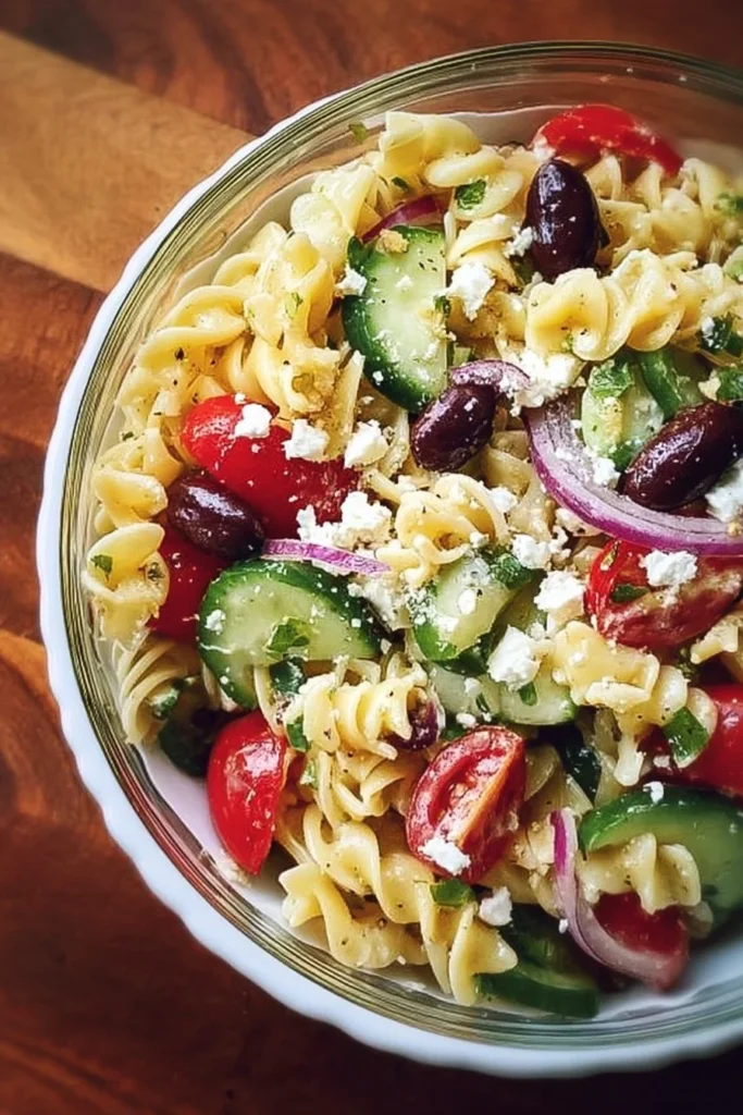 Colorful Greek pasta salad with vegetables and feta cheese