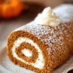 Homemade Pumpkin Roll Cake with cream cheese filling and festive decoration