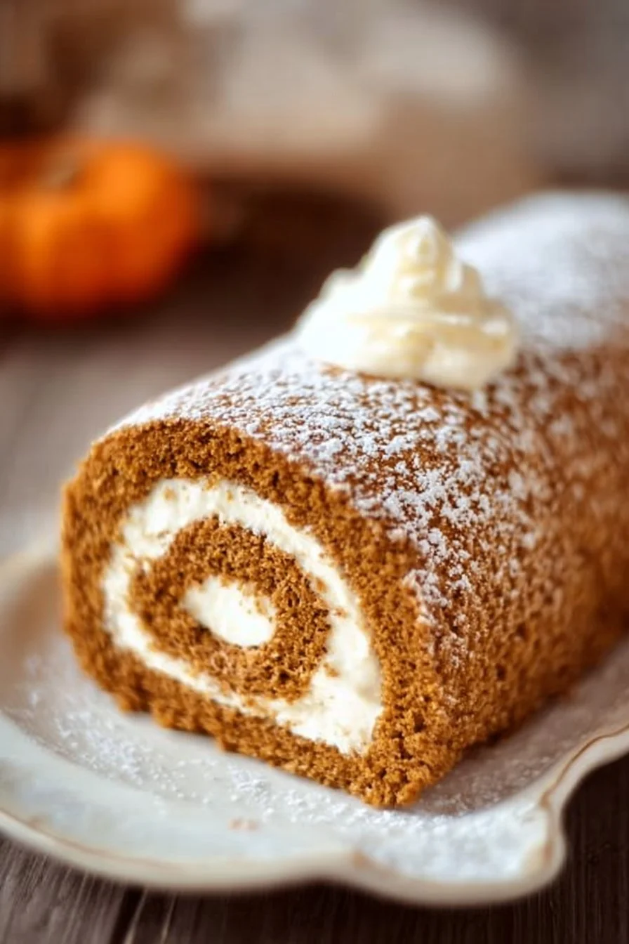 Homemade Pumpkin Roll Cake with cream cheese filling and festive decoration