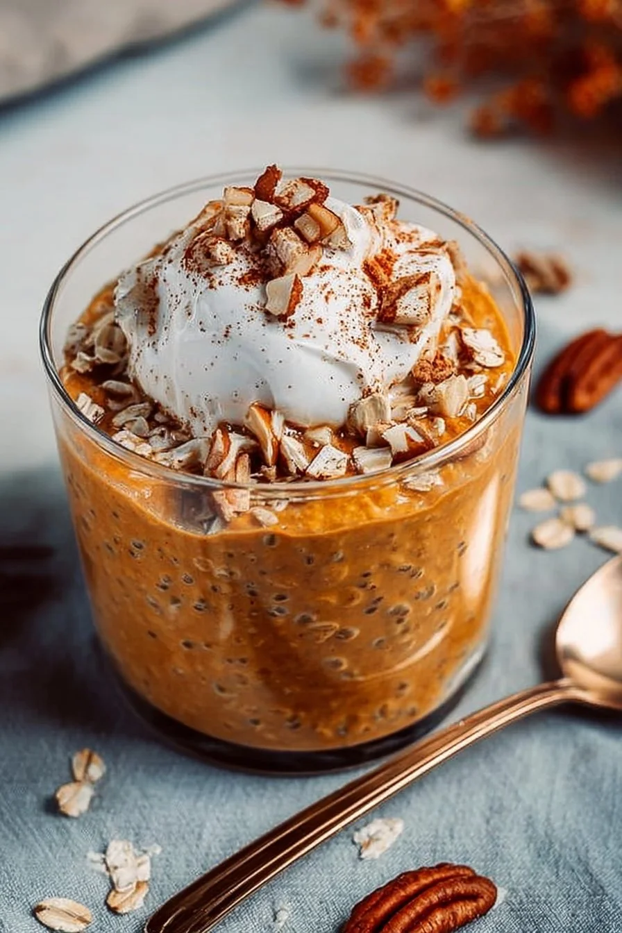 Bowl of quick pumpkin pie overnight oats topped with whipped cream and spices.