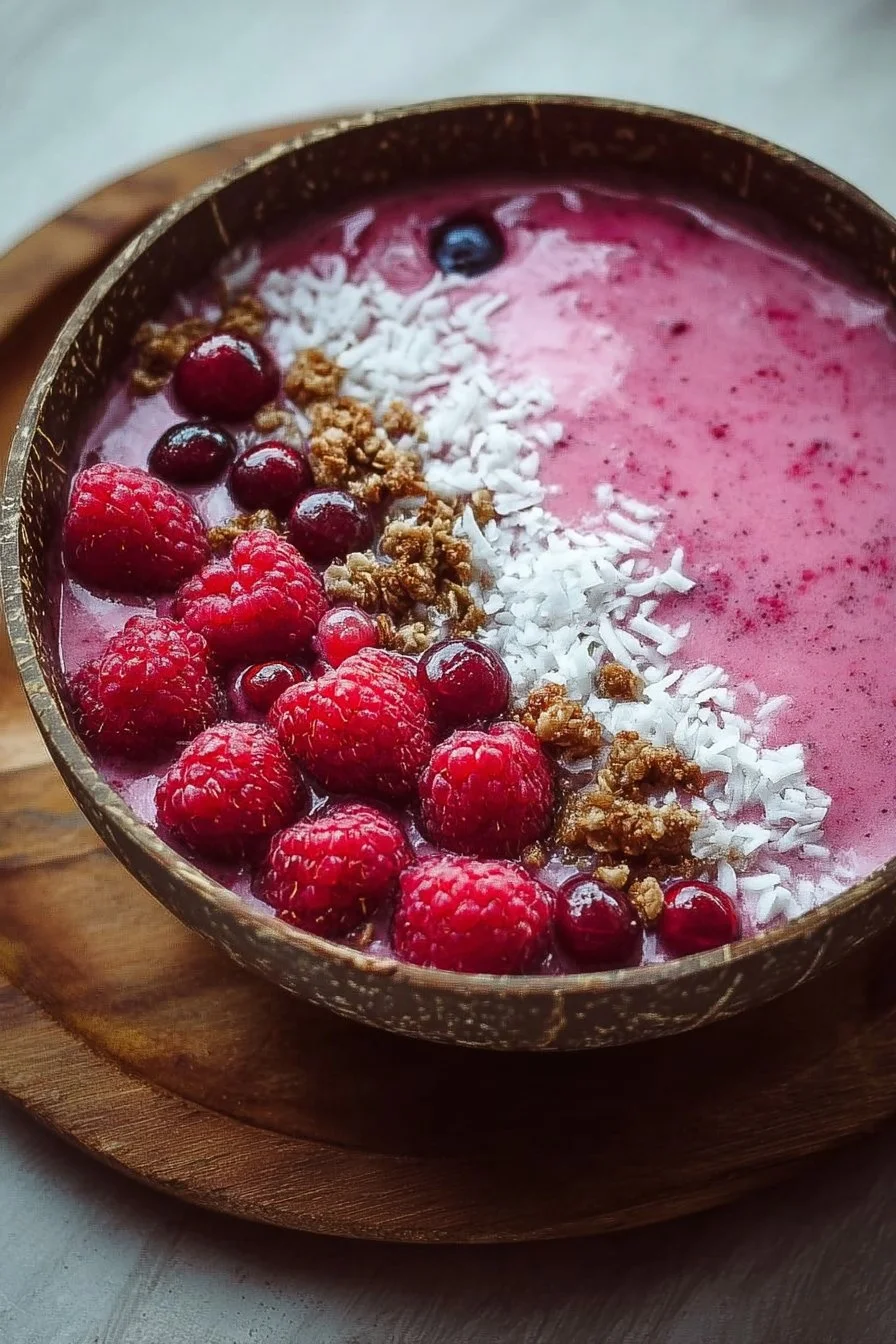 Delicious raspberry smoothie bowl topped with fresh fruits and granola