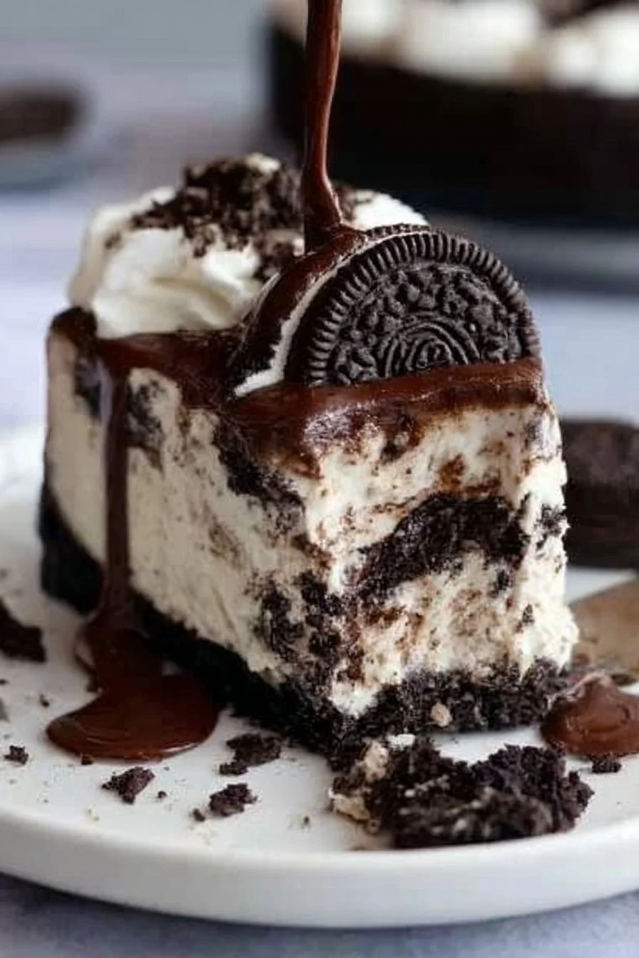 Ultra thick and creamy gluten-free Oreo dessert in a serving dish