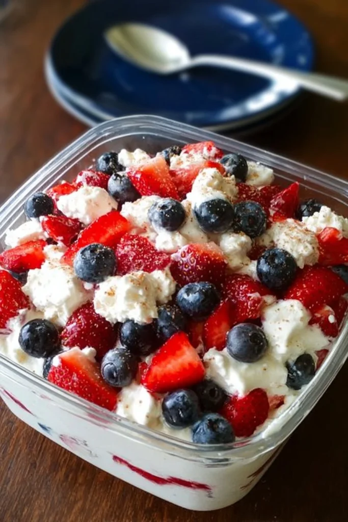 Red, White & Blue Cheesecake Salad with mixed berries and creamy cheesecake