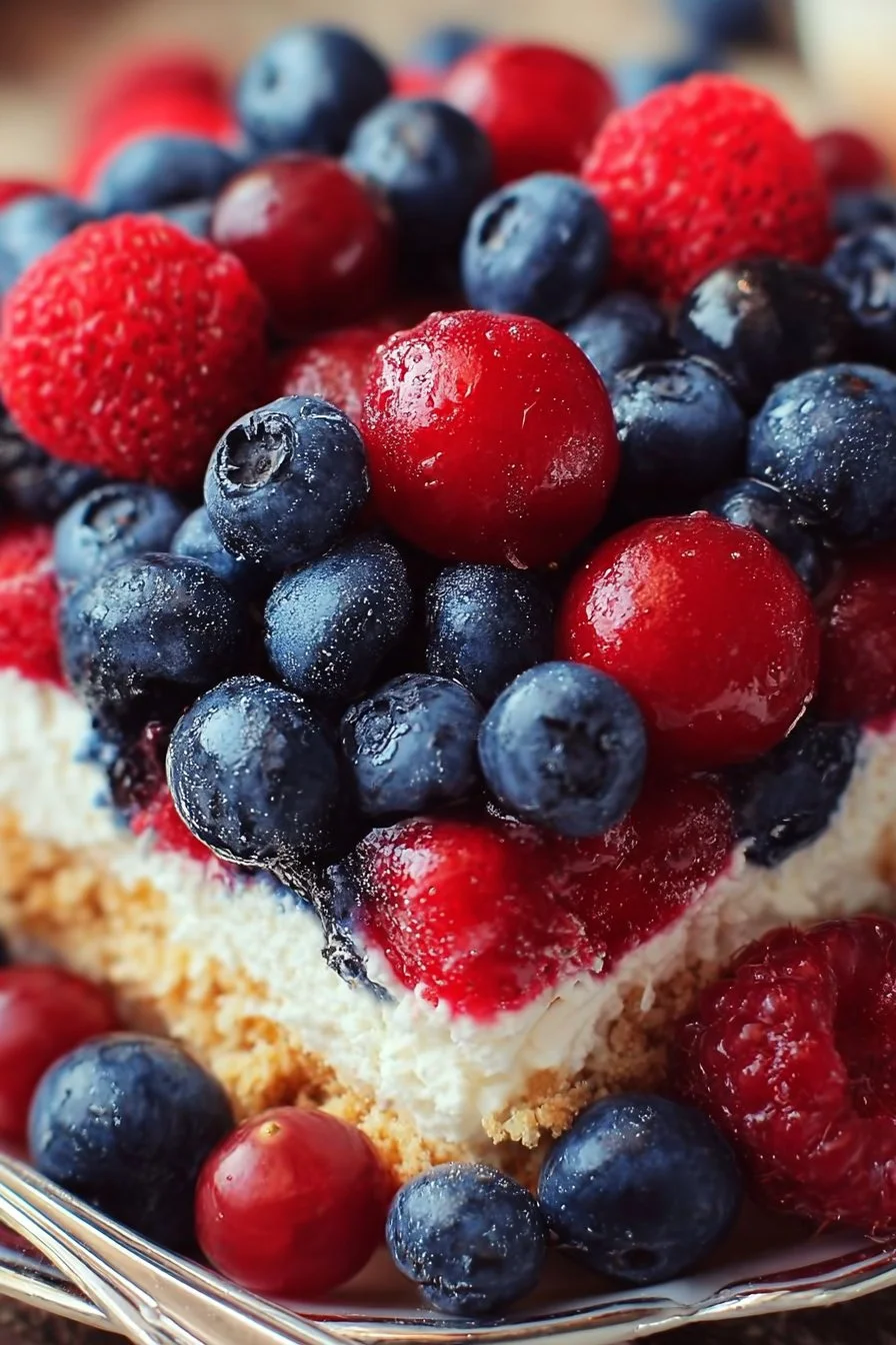 Red White & Blue Mixed Berry Yum Yum dessert featuring fresh berries