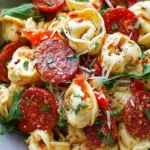 Roasted Red Pepper and Parmesan Tortellini Salad served in a bowl with fresh herbs