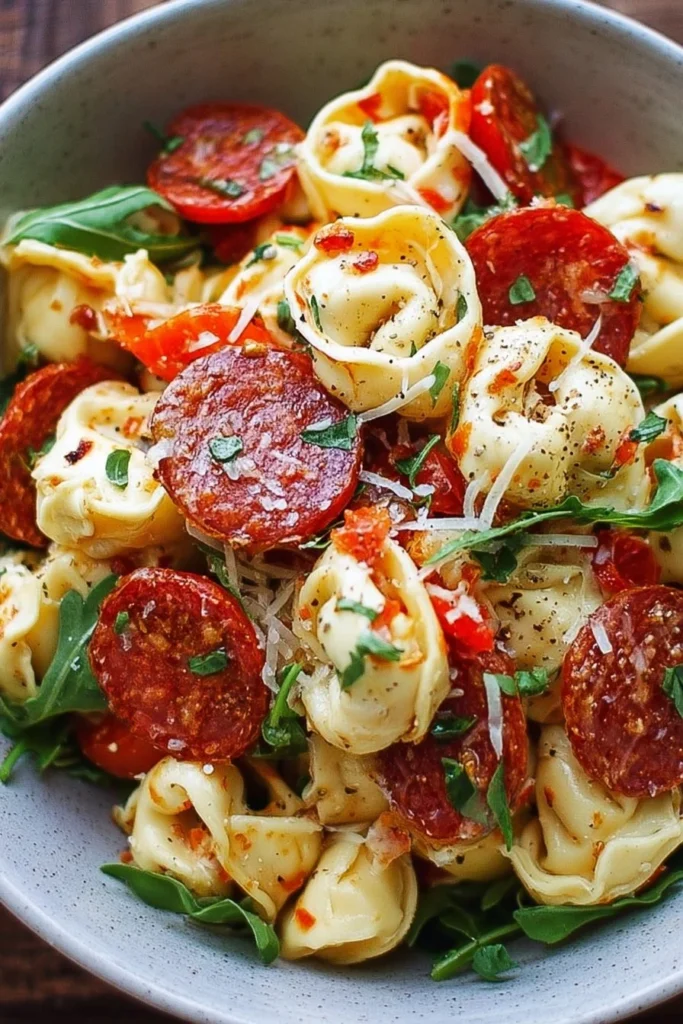 Roasted Red Pepper and Parmesan Tortellini Salad served in a bowl with fresh herbs