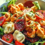 Roasted Red Pepper and Parmesan Tortellini Salad served in a bowl