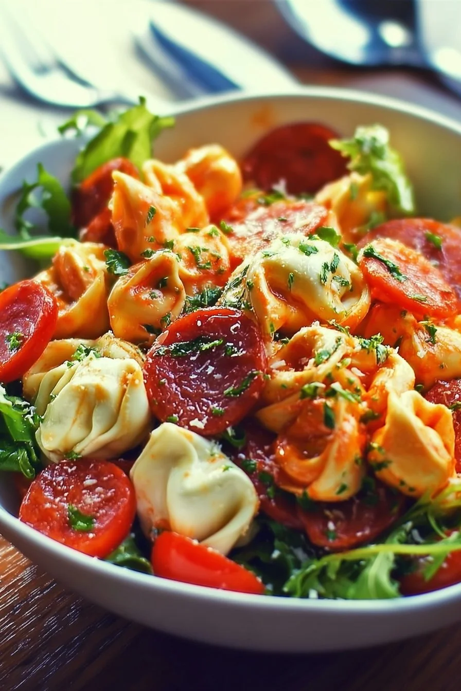 Roasted Red Pepper and Parmesan Tortellini Salad served in a bowl