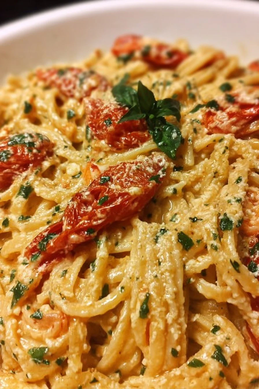 Roasted Tomato and Garlic Ricotta Pasta served in a bowl