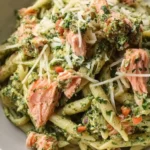 Plate of salmon pesto pasta topped with fresh herbs and parmesan cheese