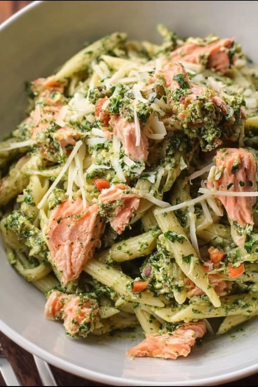 Plate of salmon pesto pasta topped with fresh herbs and parmesan cheese