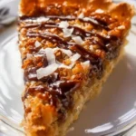 Delicious Samoa Pie topped with chocolate and coconut flakes