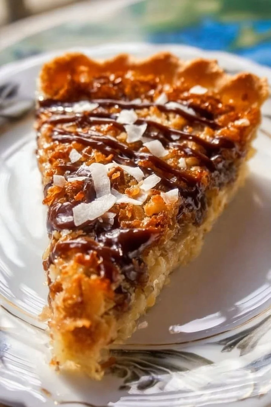 Delicious Samoa Pie topped with chocolate and coconut flakes