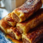 Sausage French Toast Roll-Ups topped with syrup on a plate