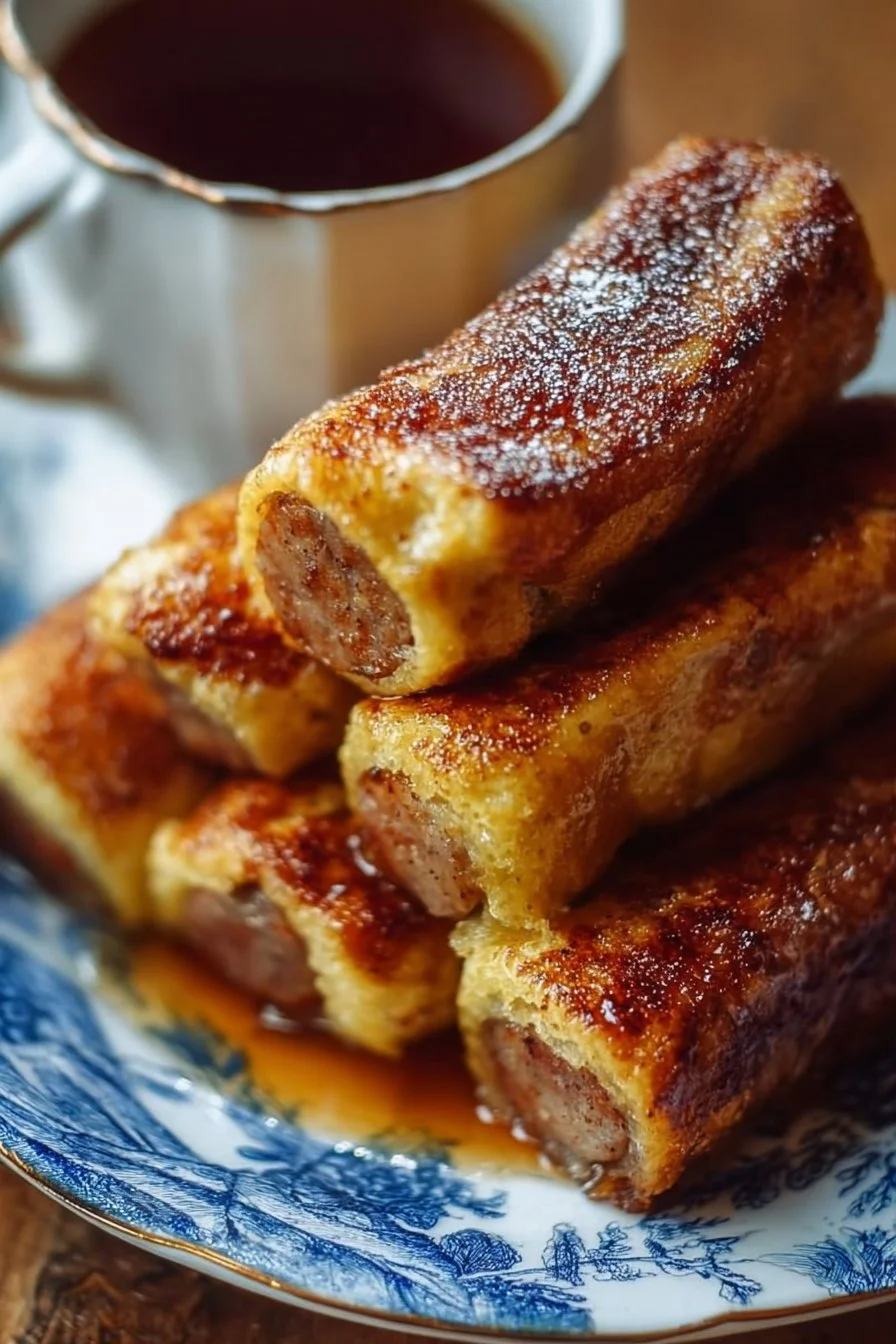 Sausage French Toast Roll-Ups topped with syrup on a plate
