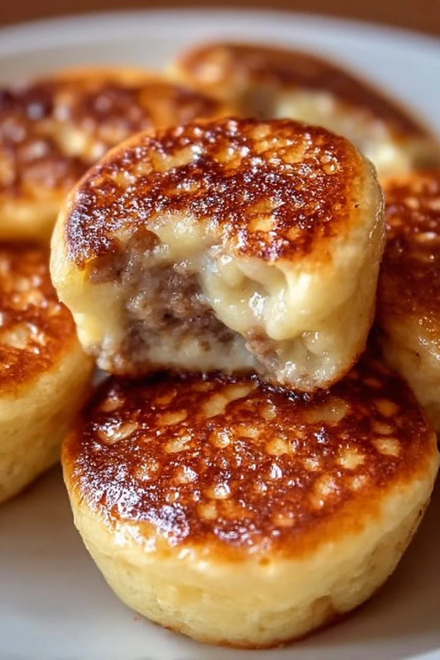 Sausage pancake bites served on a plate, a perfect breakfast snack