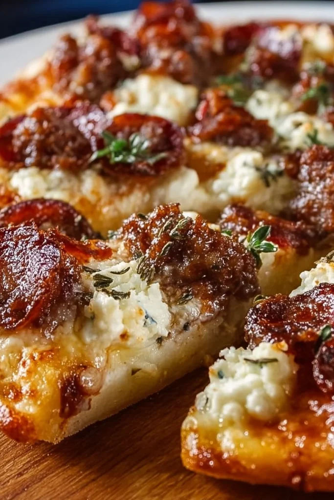 Delicious sausage ricotta honey hot pizza topped with spicy ingredients