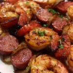 Delicious sausage shrimp kabobs skewered and ready for grilling.