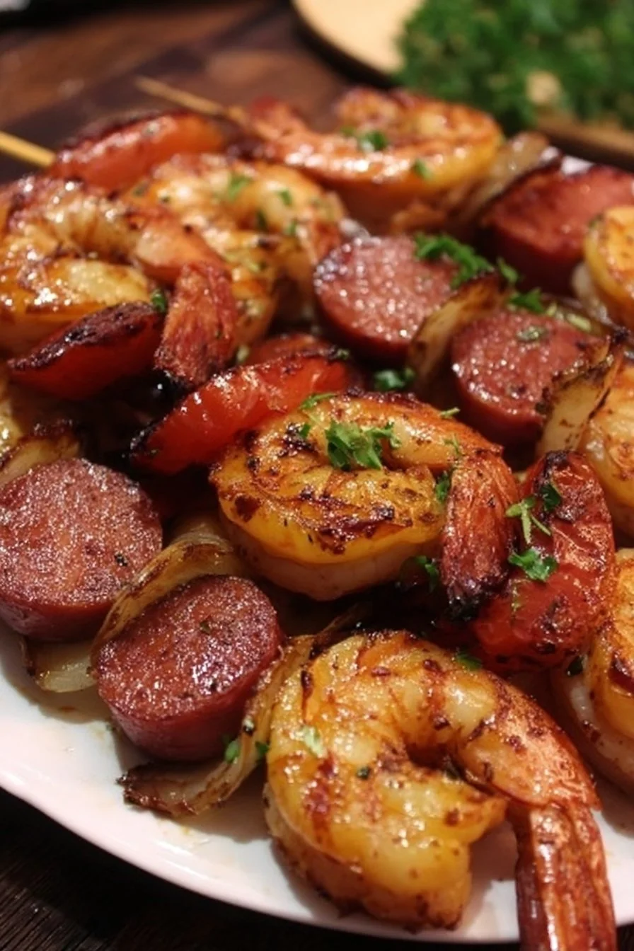 Delicious sausage shrimp kabobs skewered and ready for grilling.