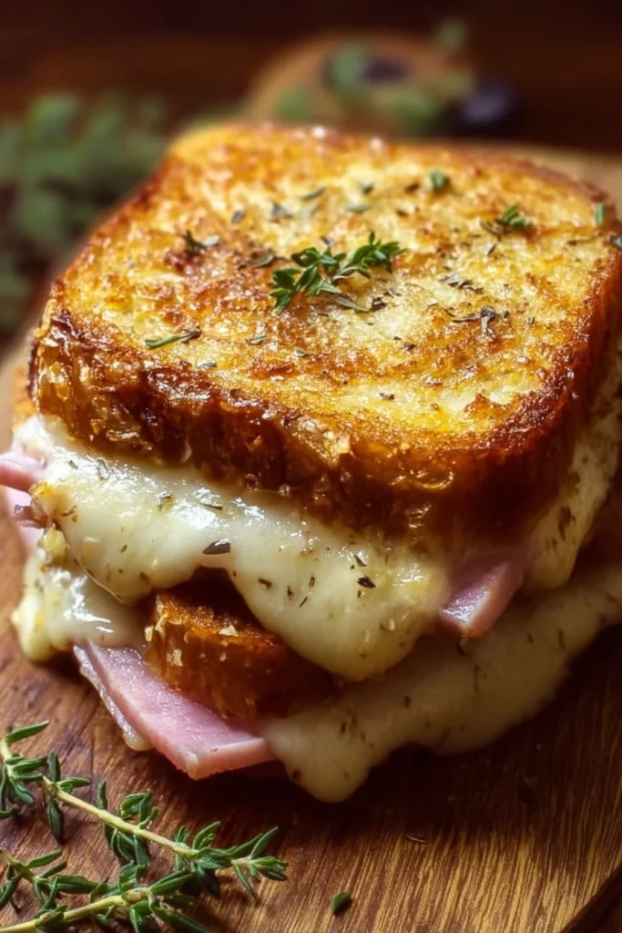 Homemade Croque Monsieur sandwich with ham and cheese on a plate.