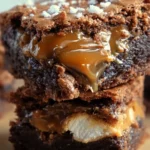 Delicious salt caramel brownie topped with s'mores ingredients and drizzled with caramel
