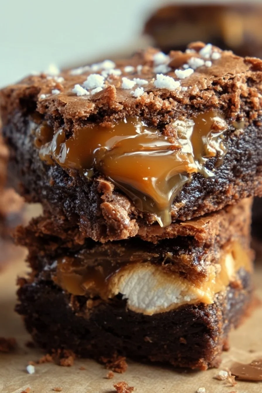 Delicious salt caramel brownie topped with s'mores ingredients and drizzled with caramel