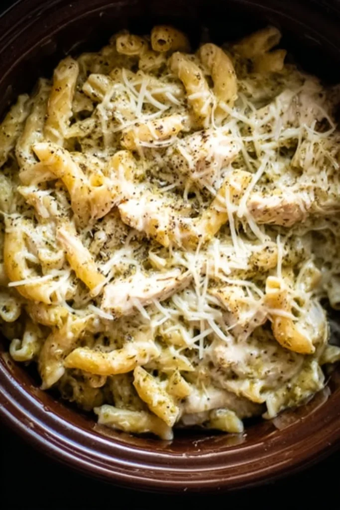 Slow Cooker Pesto Mozzarella Chicken Pasta served hot in a bowl