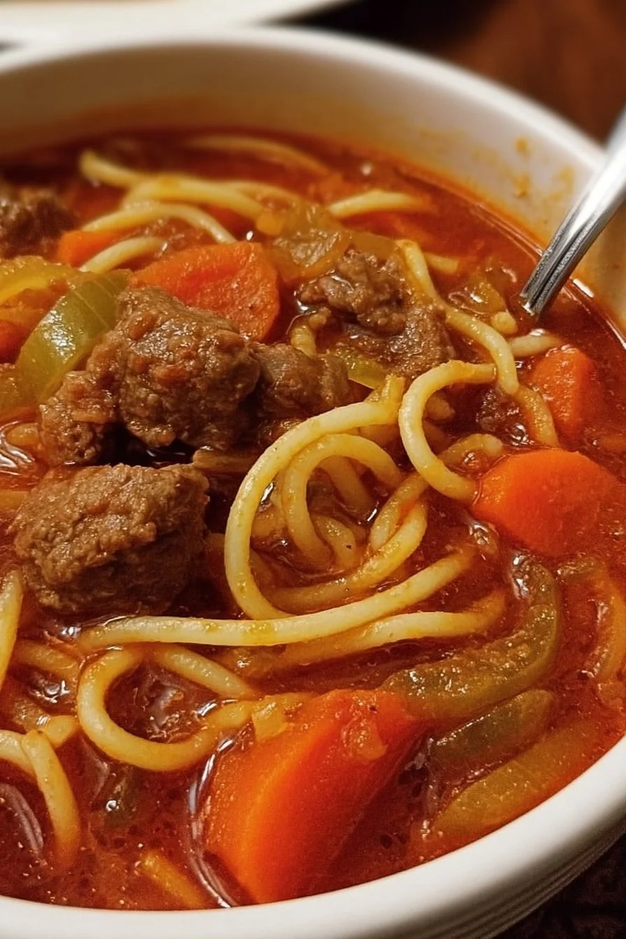 Slow-Cooker Spaghetti and Beef Soup in a bowl with herbs