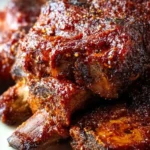 Delicious slow cooker spare ribs served on a plate with barbecue sauce