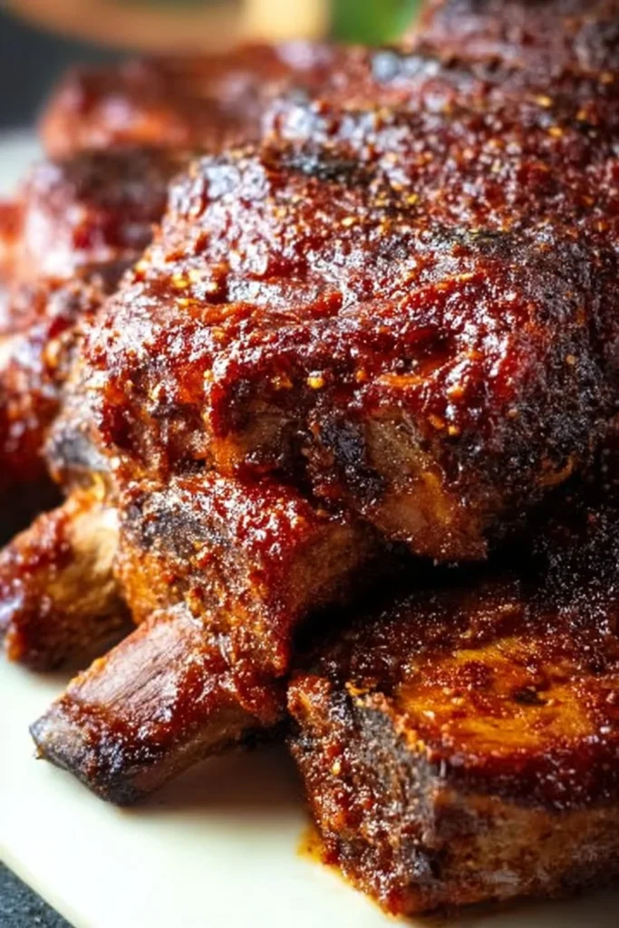 Delicious slow cooker spare ribs served on a plate with barbecue sauce