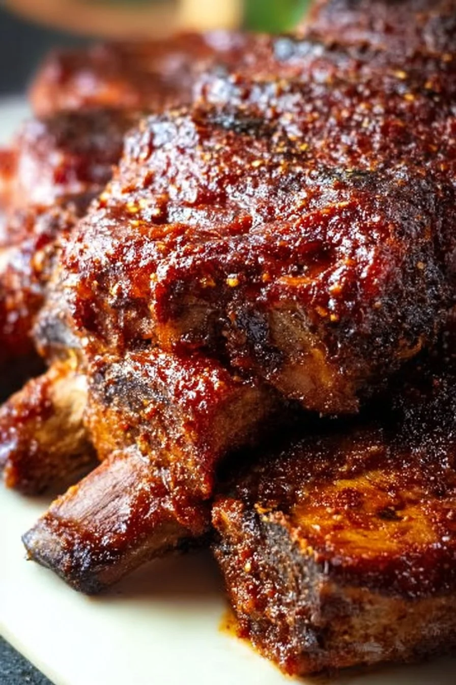 Delicious slow cooker spare ribs served on a plate with barbecue sauce