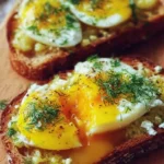 Smashed eggs on toast topped with herbs and spices for a tasty breakfast.