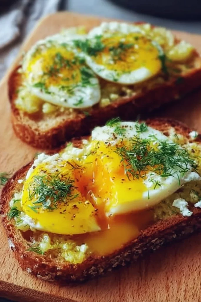 Smashed eggs on toast topped with herbs and spices for a tasty breakfast.