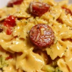 A delicious plate of smoked sausage cheddar pasta garnished with parsley