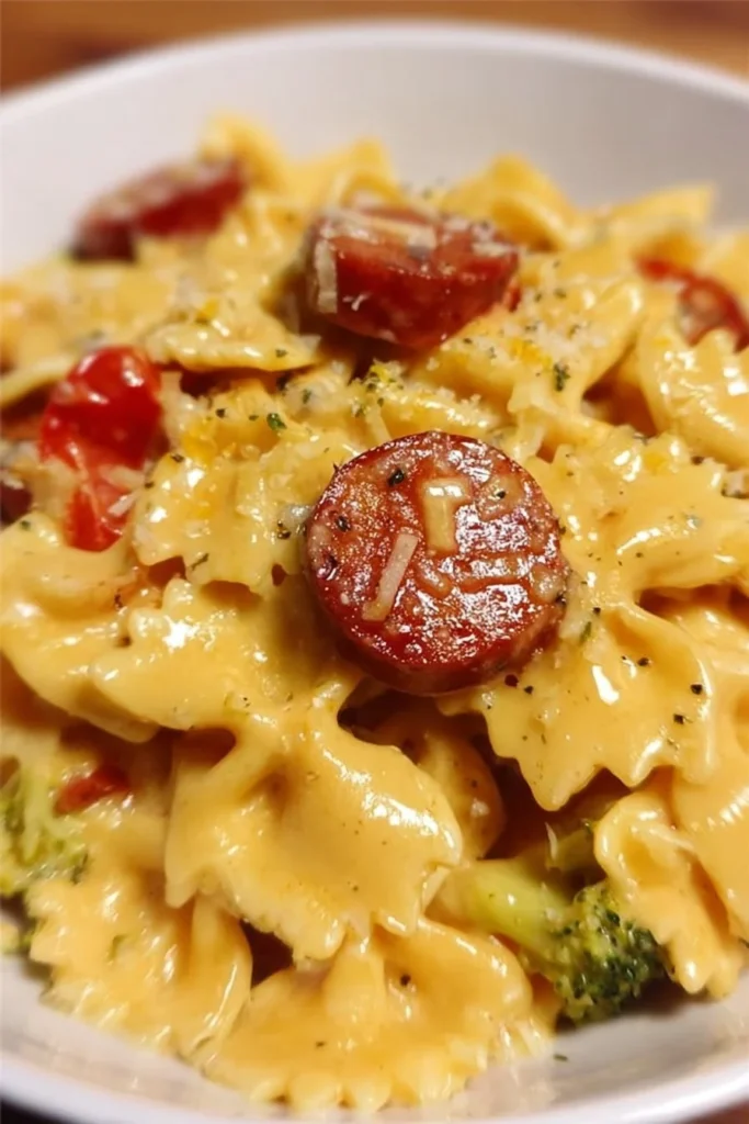 A delicious plate of smoked sausage cheddar pasta garnished with parsley
