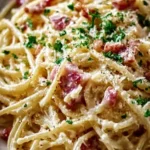 Delicious plate of Spaghetti Carbonara topped with cheese and parsley.