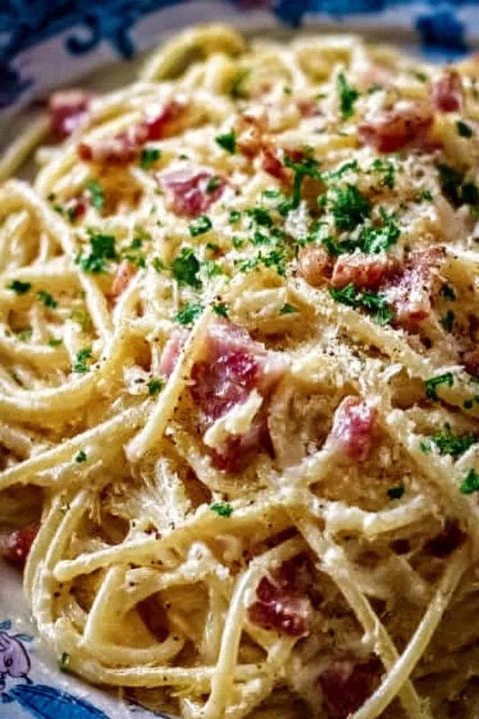 Delicious plate of Spaghetti Carbonara topped with cheese and parsley.