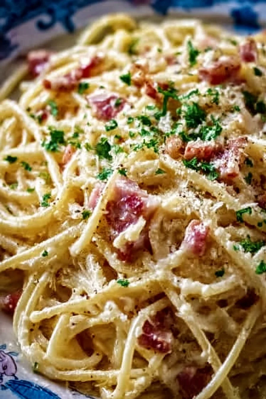 Delicious plate of Spaghetti Carbonara topped with cheese and parsley.
