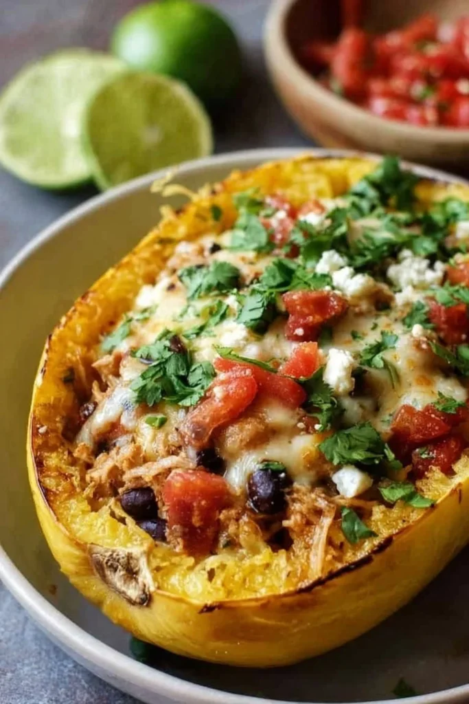 Spaghetti squash burrito bowl topped with fresh ingredients