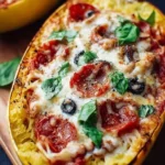 Spaghetti squash pizza bowls topped with fresh ingredients and cheese