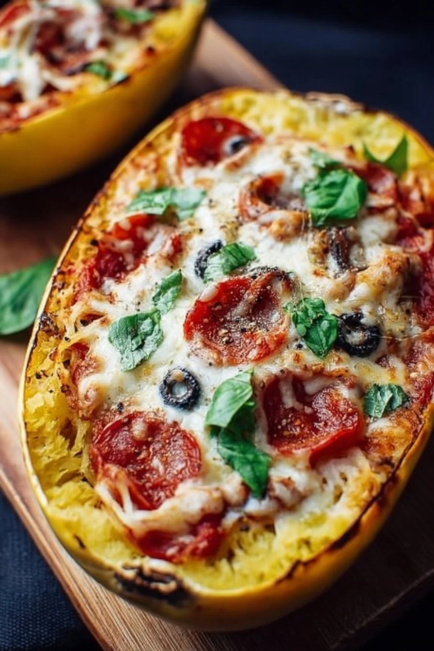 Spaghetti squash pizza bowls topped with fresh ingredients and cheese