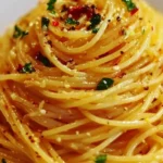 Plate of spaghetti with garlic and oil garnished with parsley