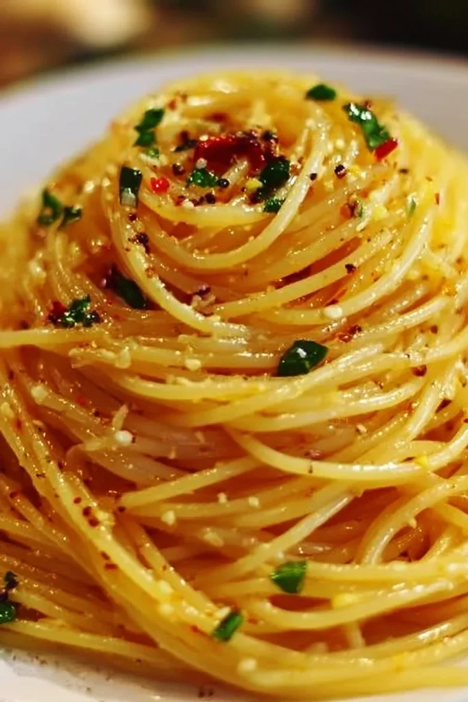Plate of spaghetti with garlic and oil garnished with parsley