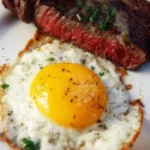 Plate of steak and eggs served with toast and fresh vegetables for breakfast.