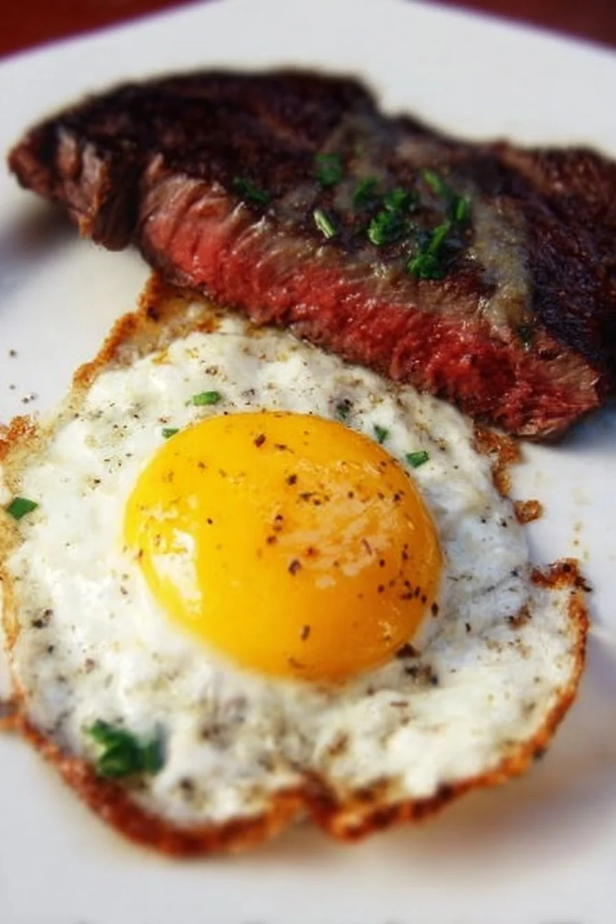 Plate of steak and eggs served with toast and fresh vegetables for breakfast.